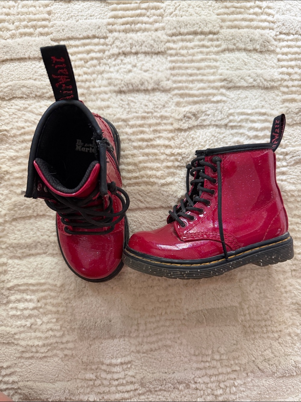 Dr. Martens Kids Red Patent Lace-Up Combat Boots